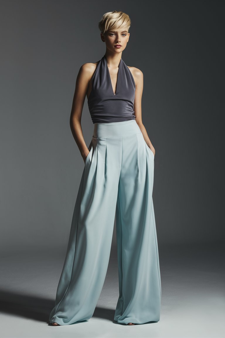 Gunmetal Halter Top & Ice Blue Palazzo Pants – Modern Summer Glam