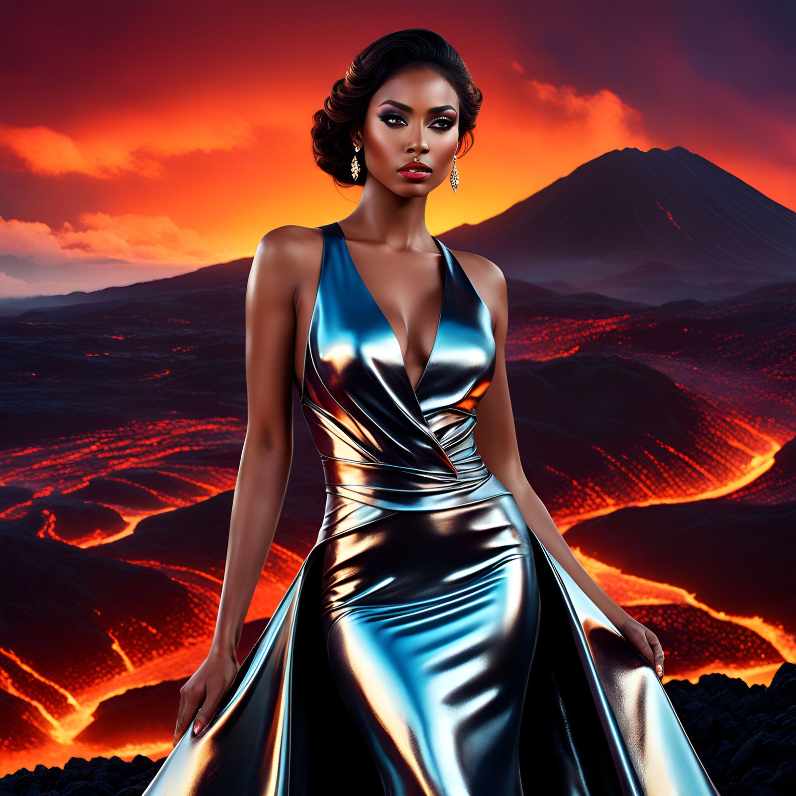 Volcanic Vixen: Metallic Glamour Meets Fiery Landscape