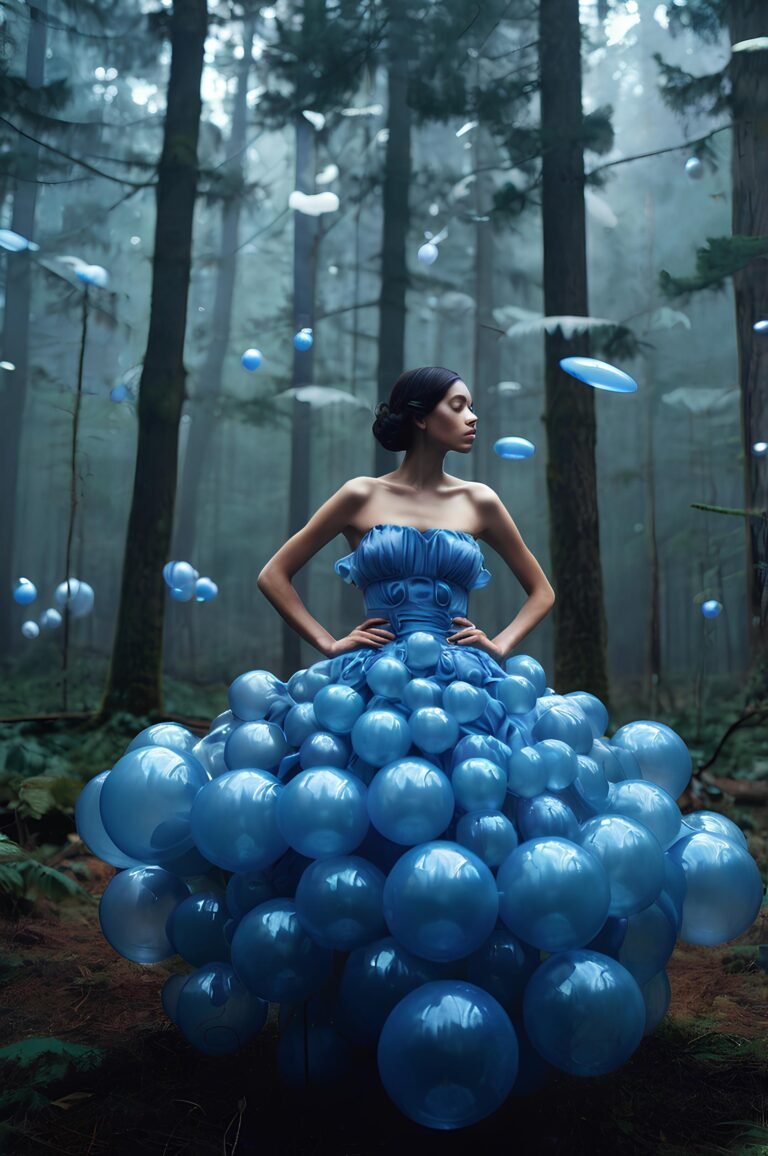 Ethereal Blue Balloon Gown: Forest Fantasy Fashion