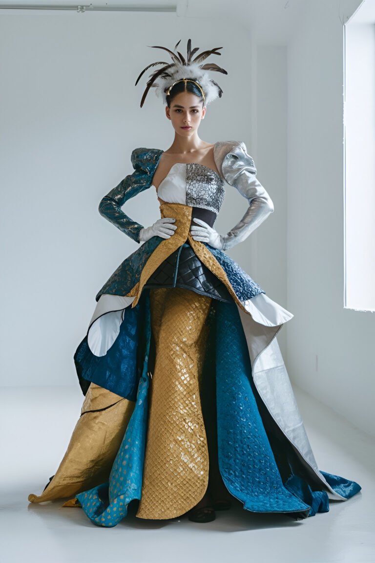 Avant-Garde Couture: Multi-Textured Gown with Feather Crown