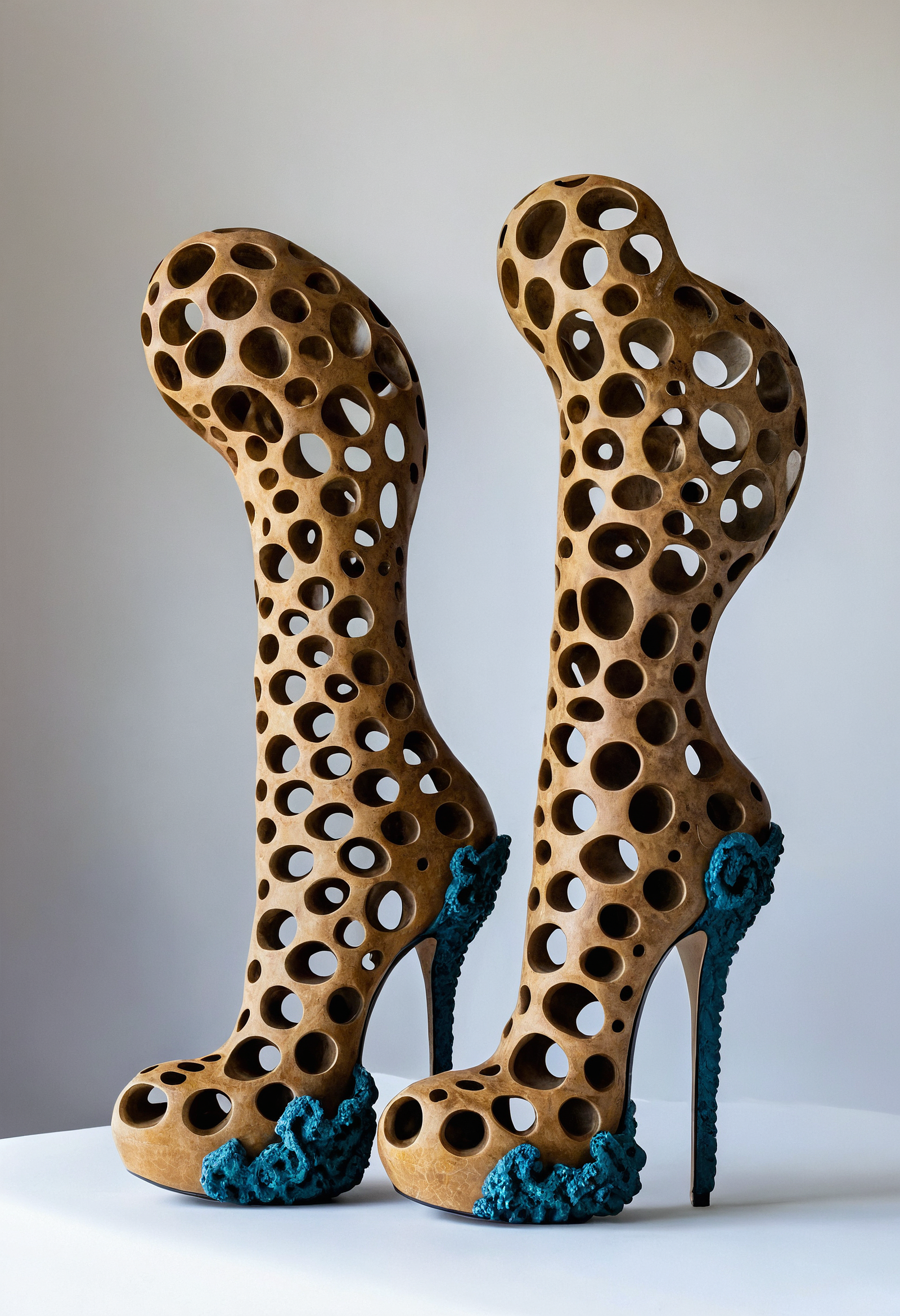 Sculptural Chic: Perforated Wooden High Heels