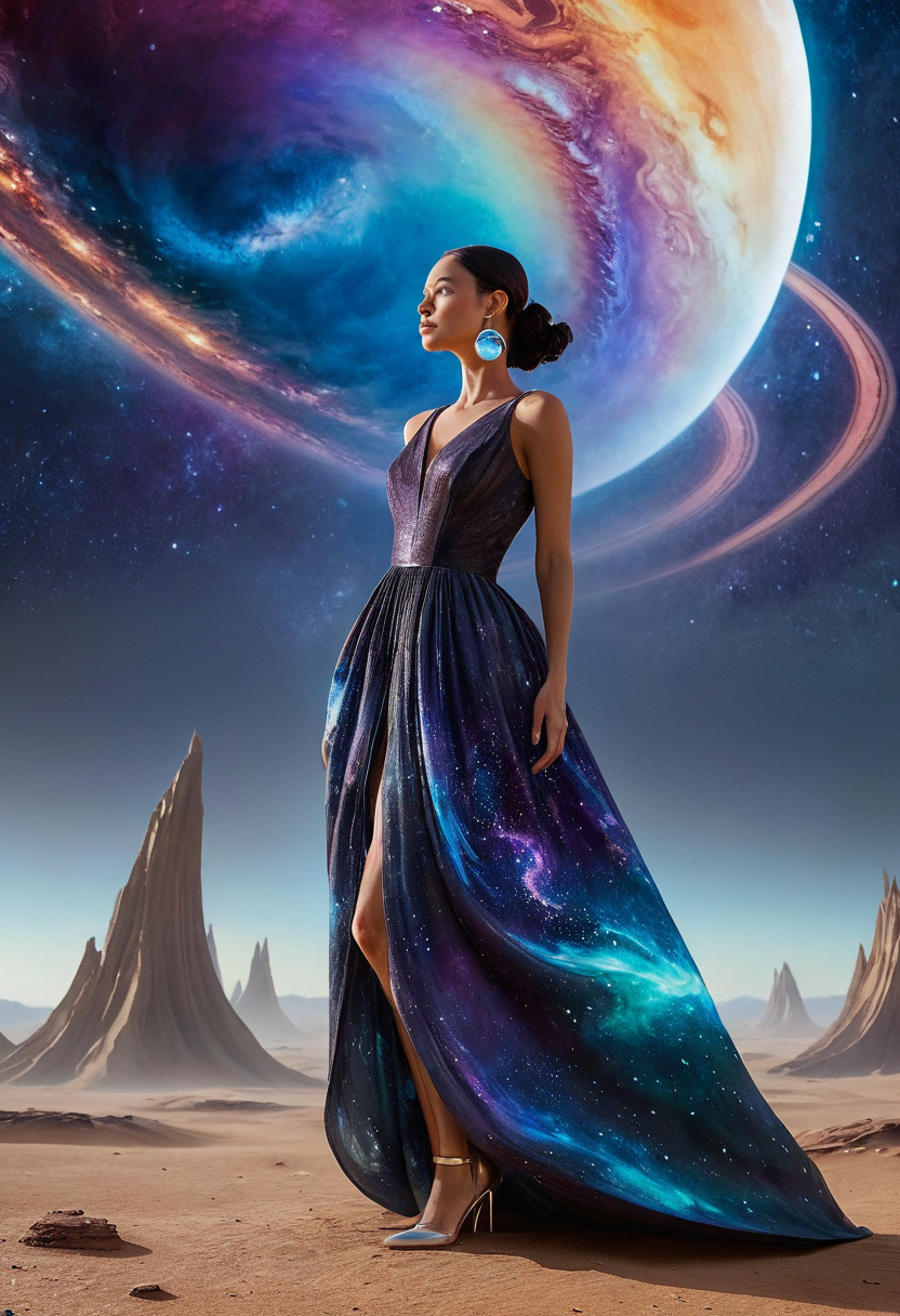 Cosmic Queen: Galaxy-Inspired Gown on Alien World