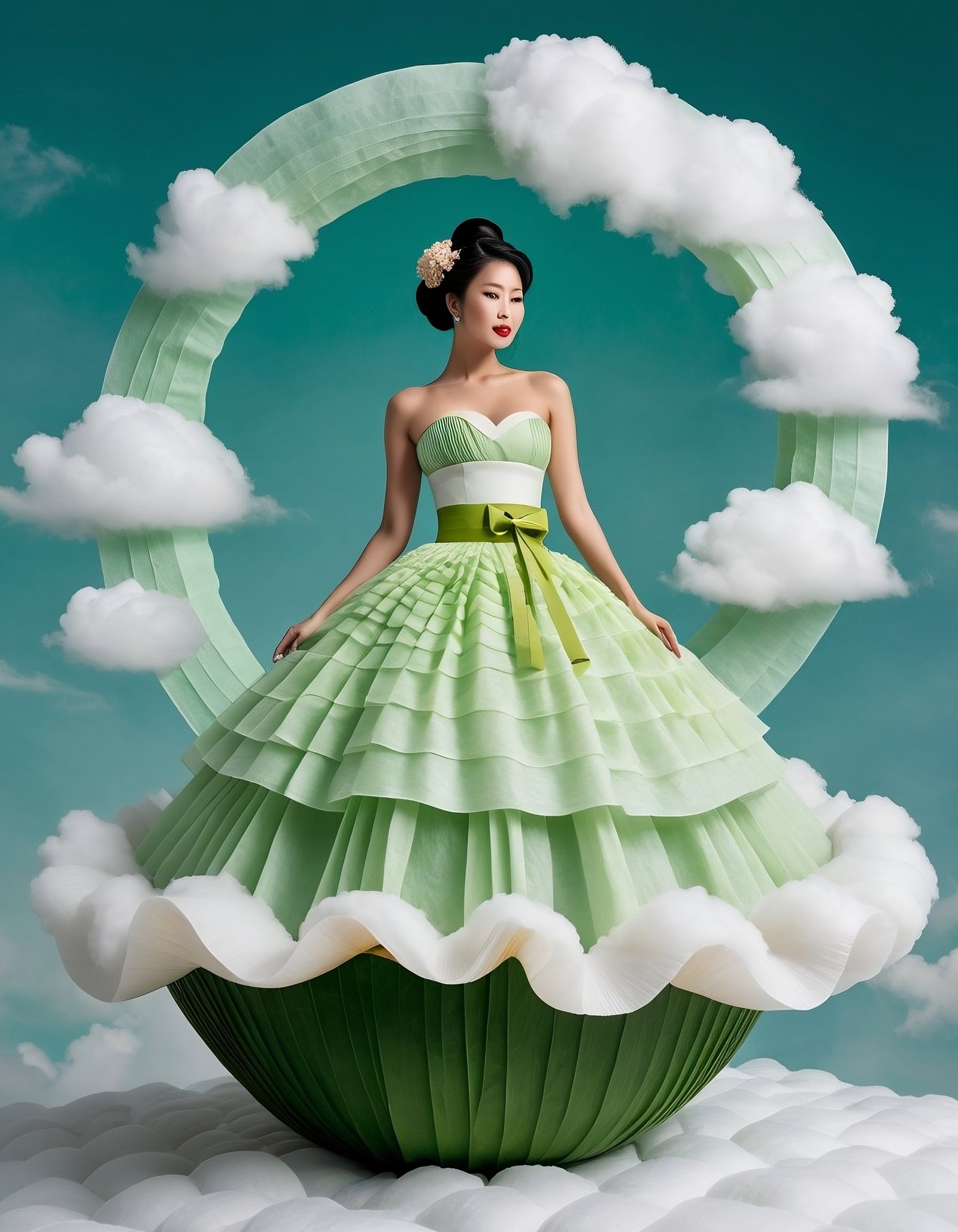 Ethereal Green Goddess: Cloud-Kissed Fashion Fantasy