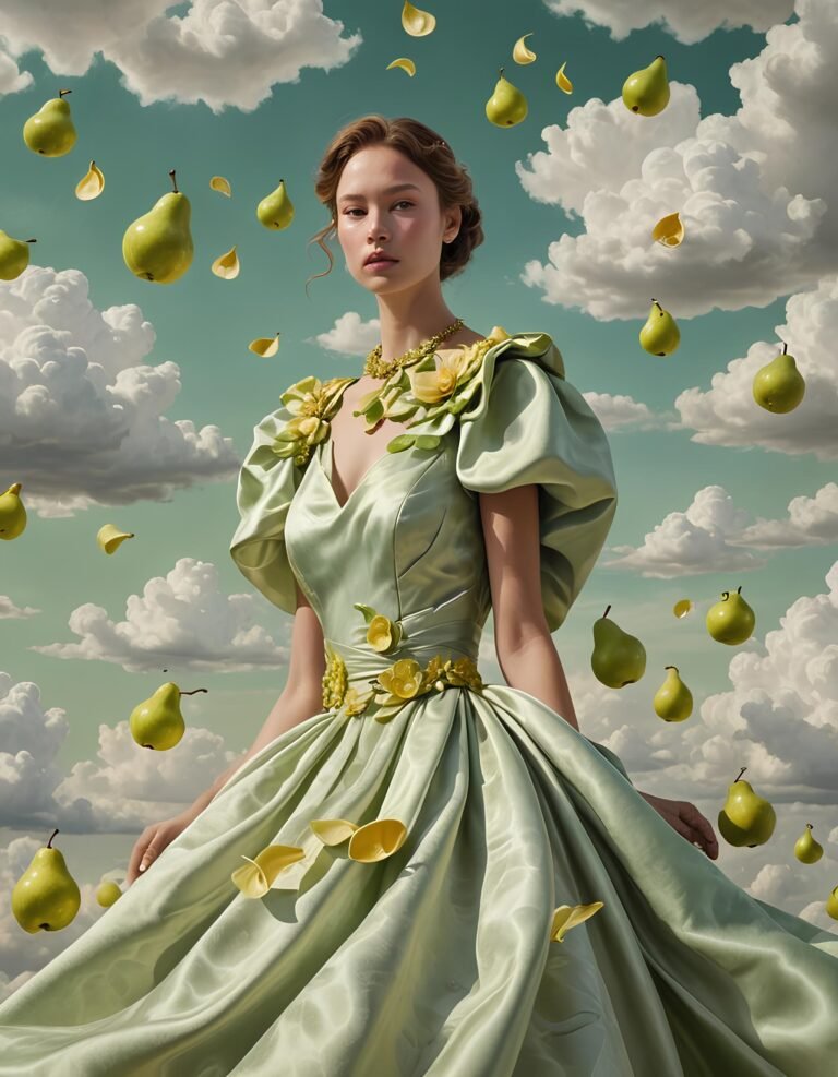 Dreamlike Gown with Floating Pears Amidst a Surreal Sky