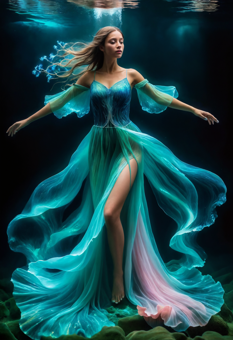 Ethereal Underwater Princess: Aqua Gown Photoshoot Magic