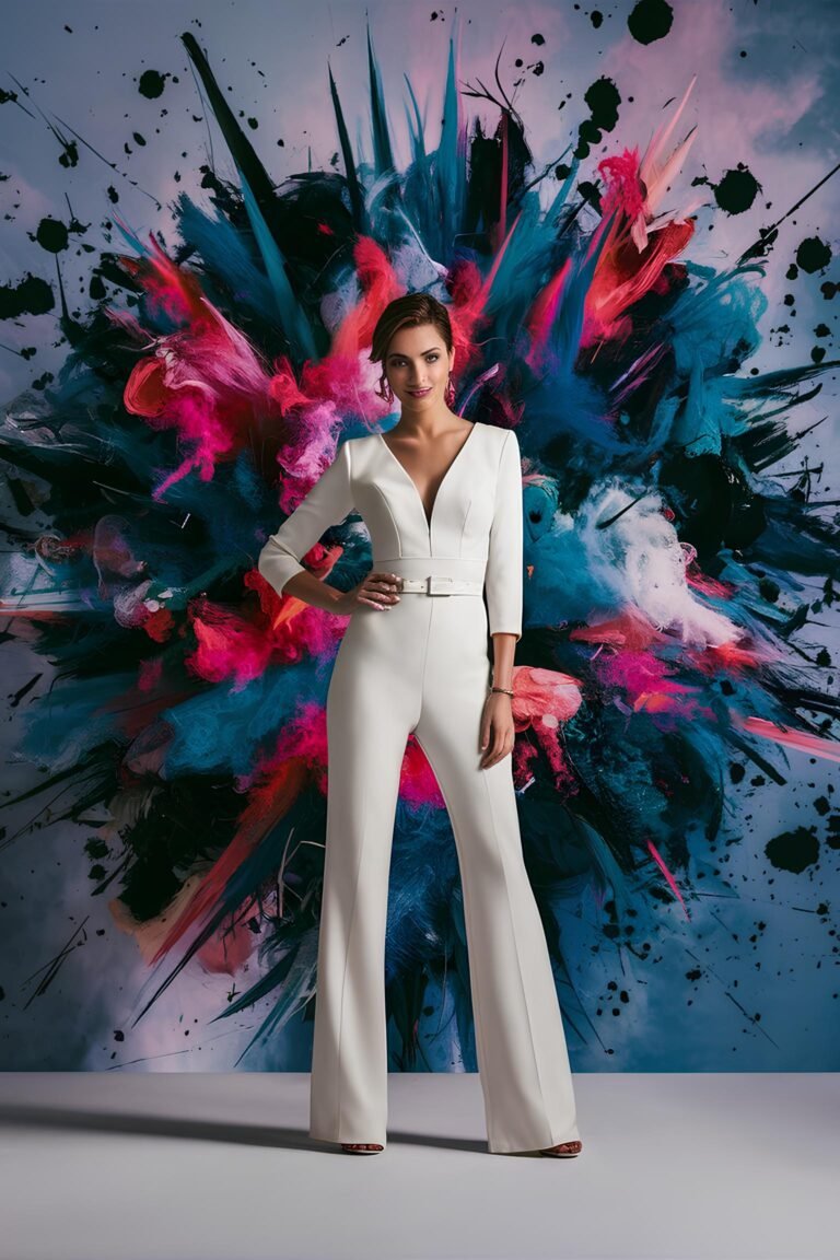 Edgy Elegance: White Jumpsuit with Explosive Backdrop