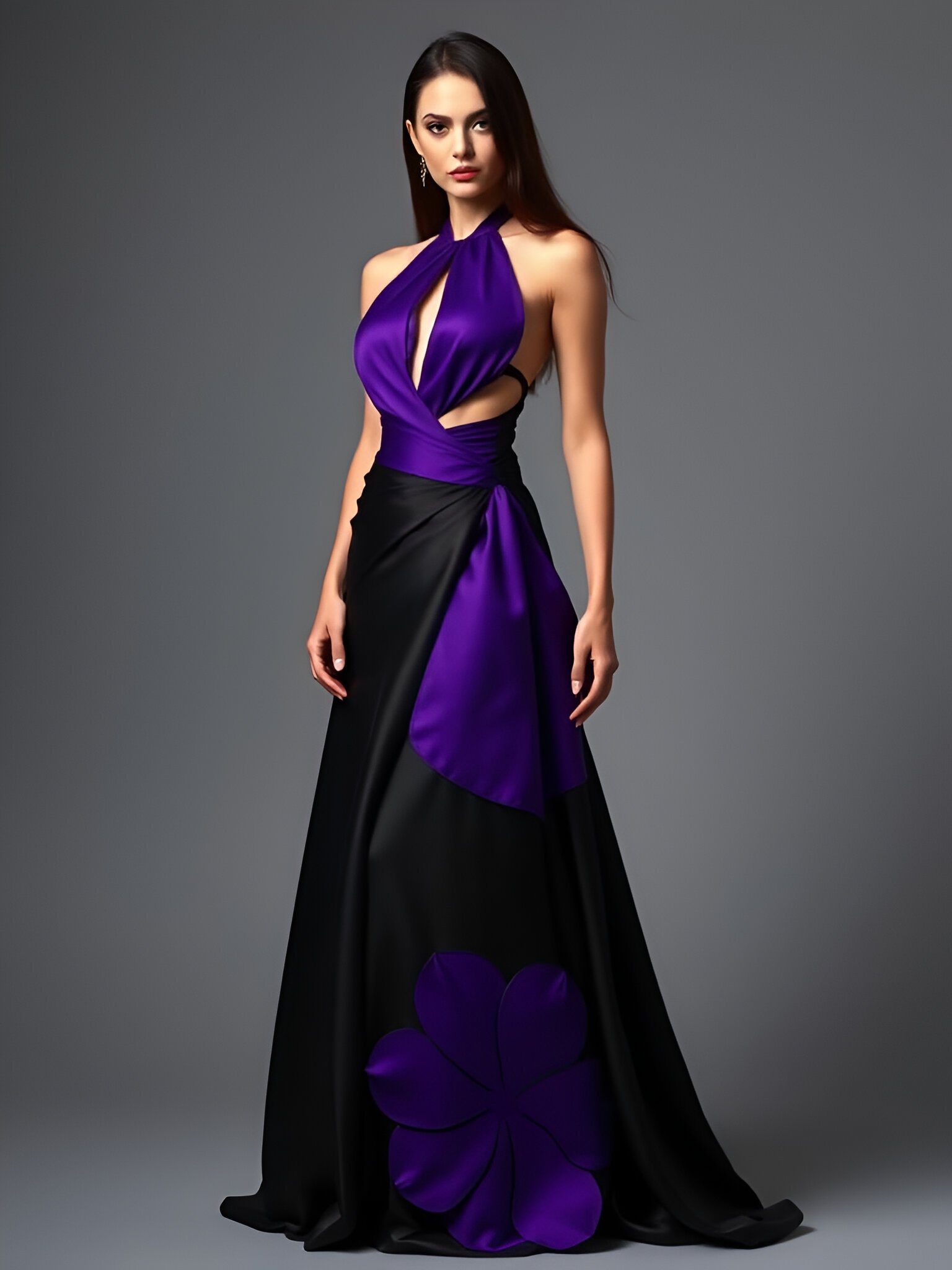 Dramatic Purple Black Evening Gown with Cutouts