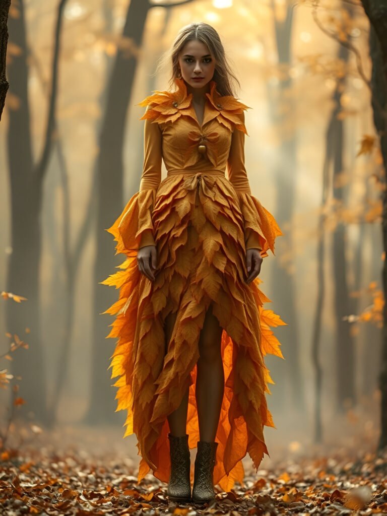 Autumn Goddess Leaf Dress in Golden Forest