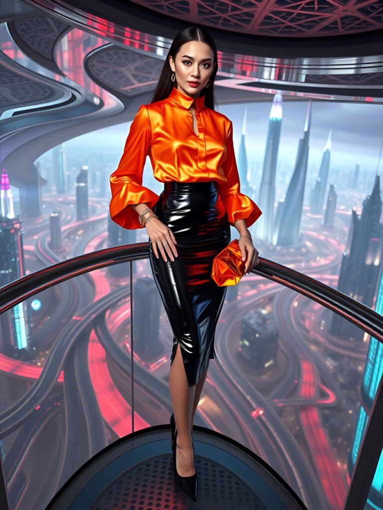 Futuristic Chic: Orange Satin Meets Sleek Black