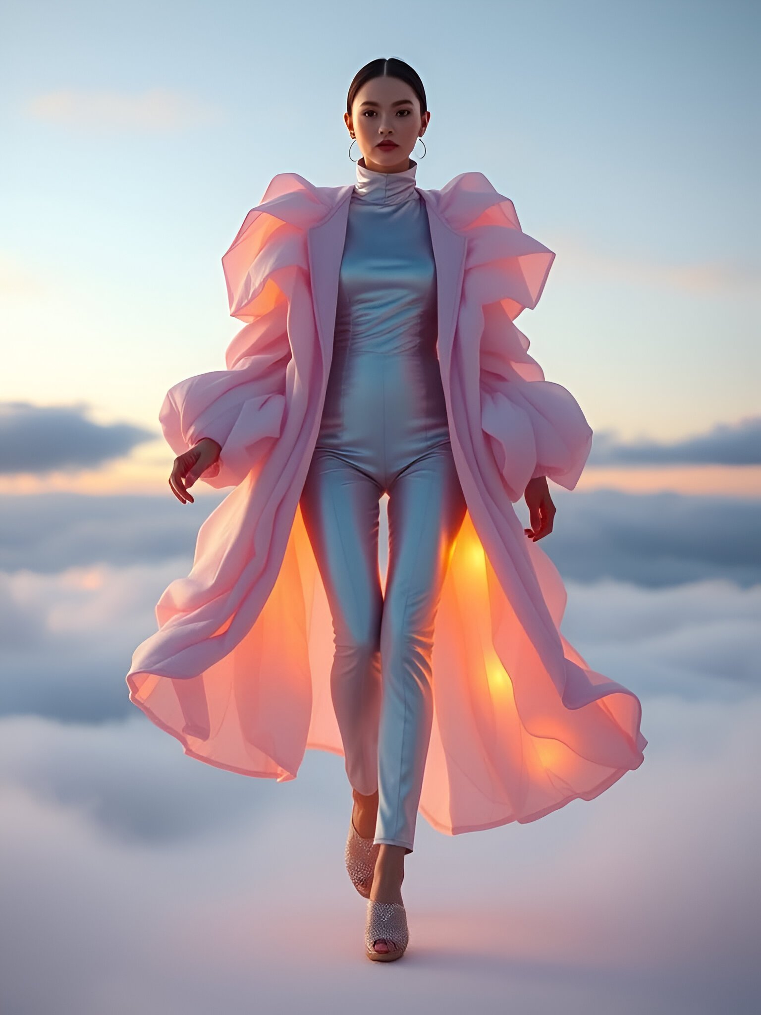 Ethereal Pink Statement Coat Above the Clouds