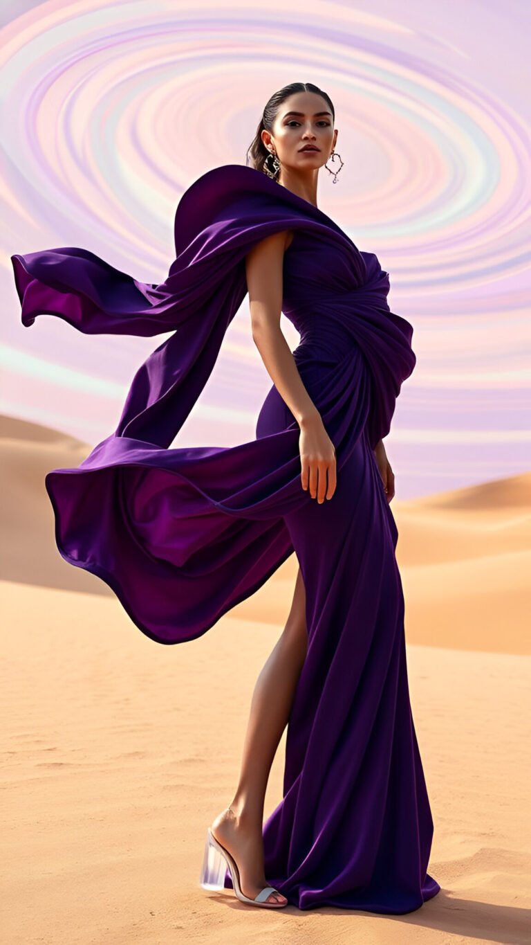 Desert Goddess: Flowing Purple Gown Meets Sunset Skies