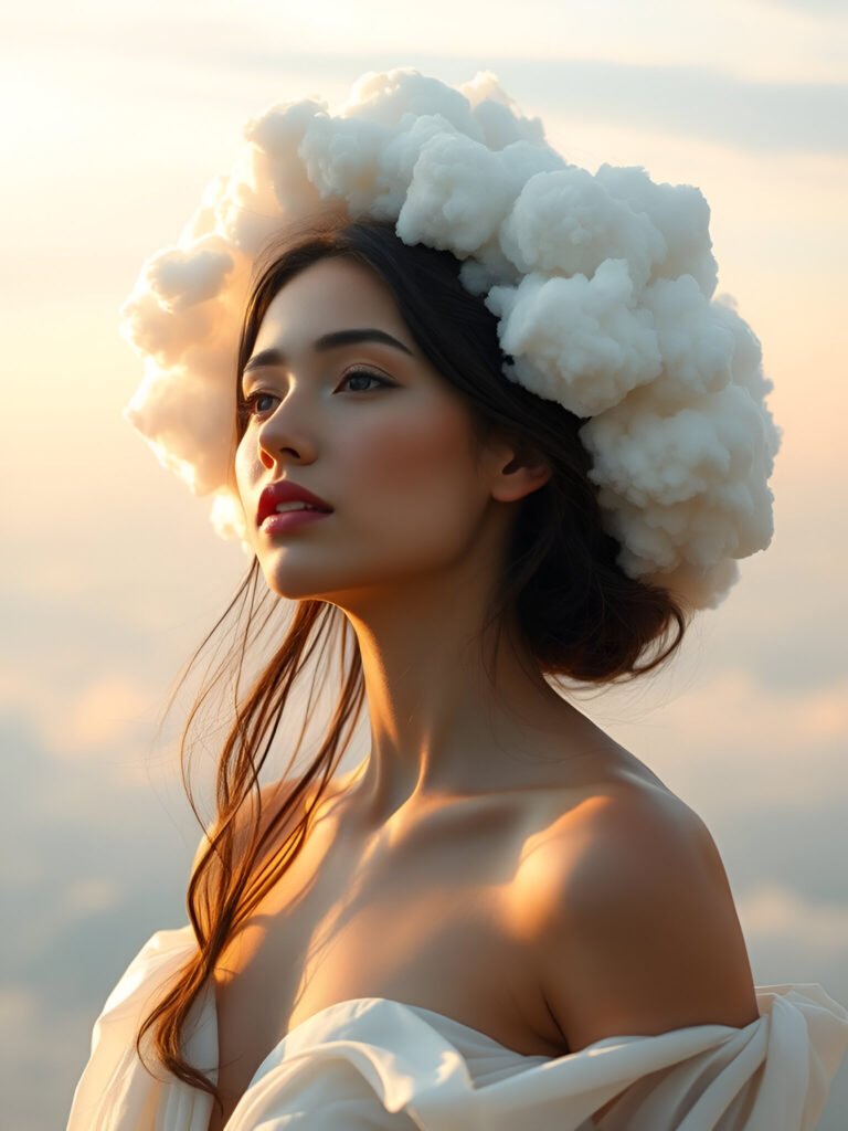 Ethereal Cloud Headpiece Portrait – Avant-Garde Fashion Photography