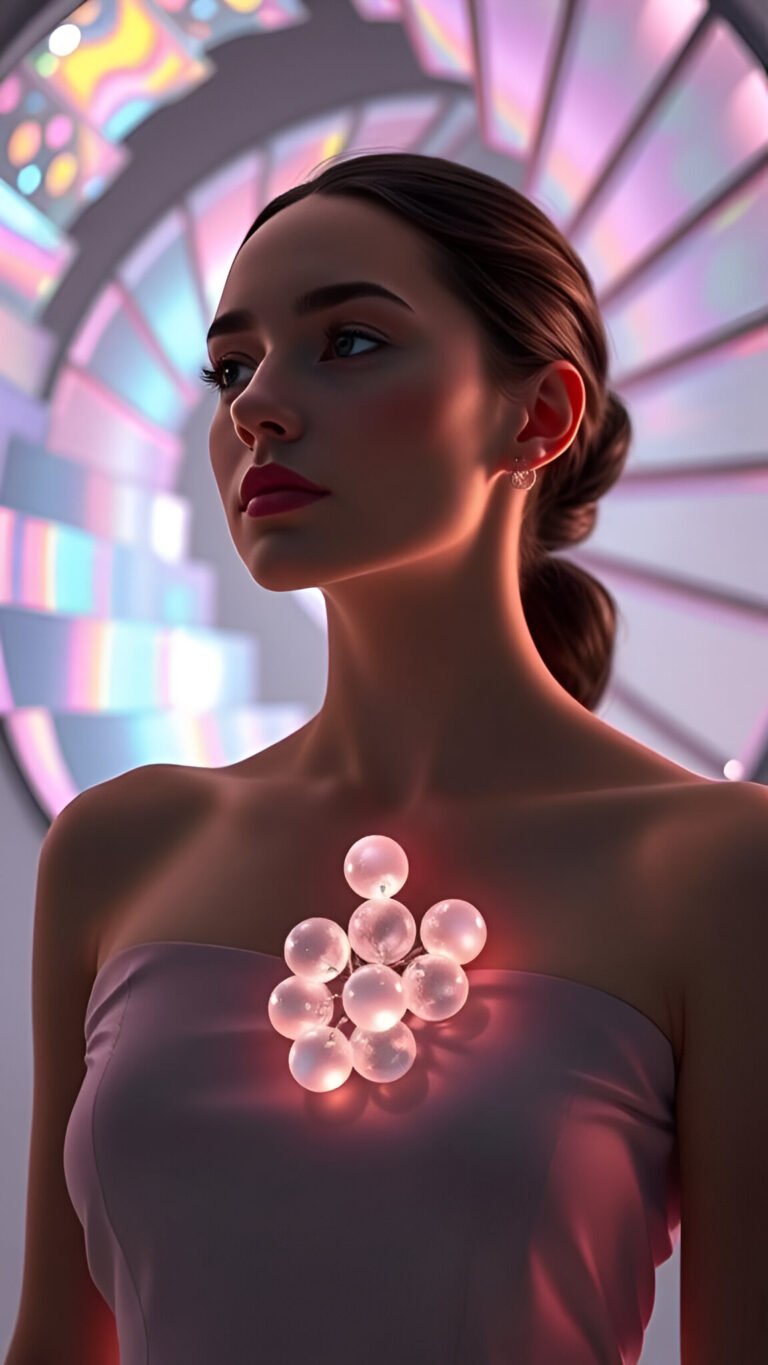 Ethereal Rose Quartz Fashion Portrait with Glowing Orbs