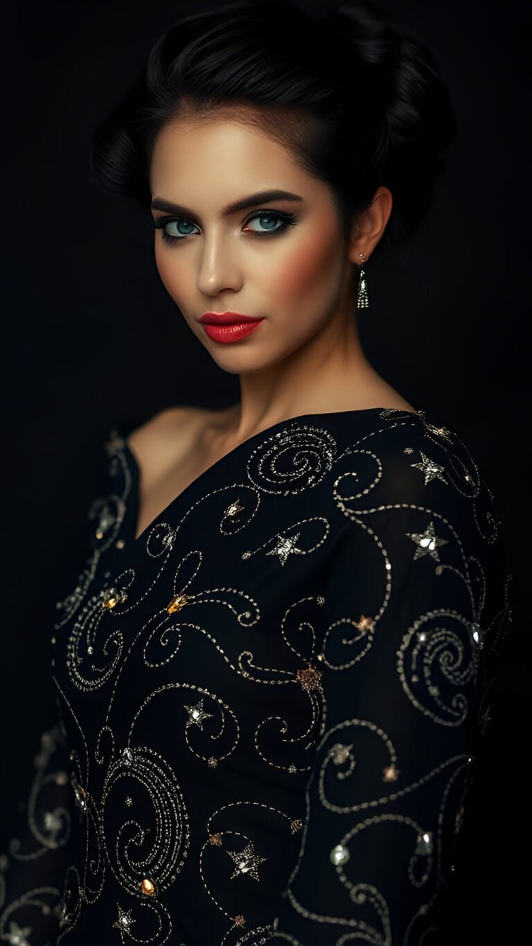 Radiant Glamour: Black Blouse with Sparkling Stars