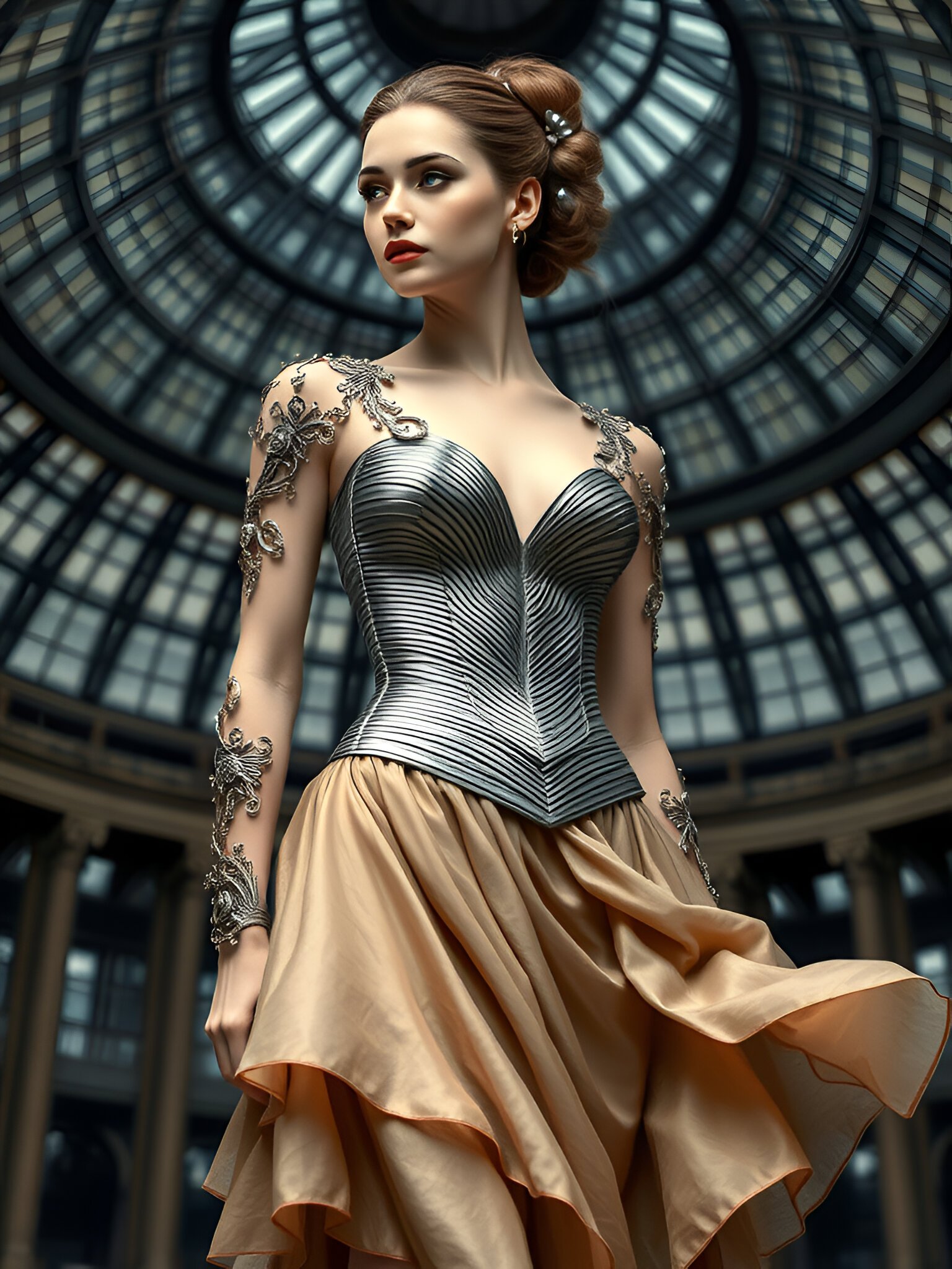 Silver Corset Gown with Metallic Bodice – Luxury Domed Venue