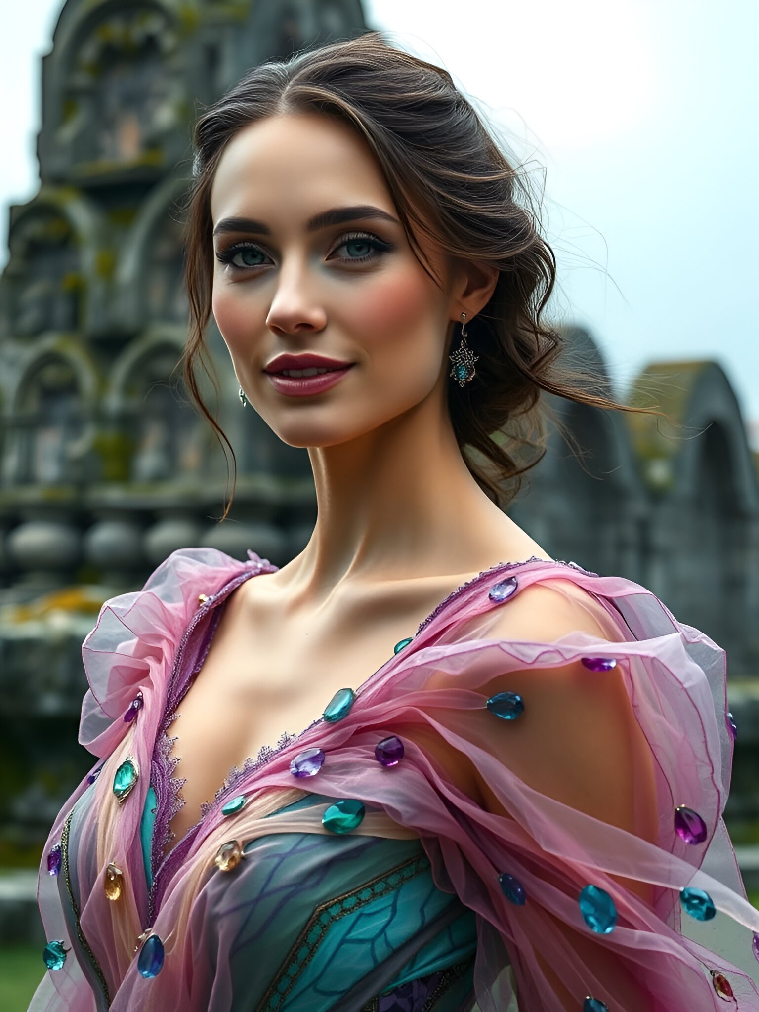 Enchanting Pink & Teal Jeweled Romantic Fantasy Blouse